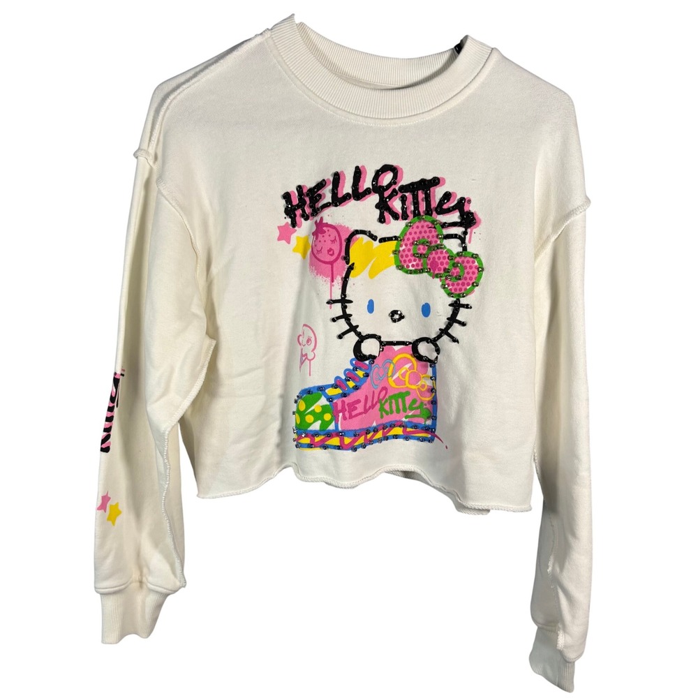 Hello Kitty Sweatshirt Women XS Cream Cropped Graphic Pullover